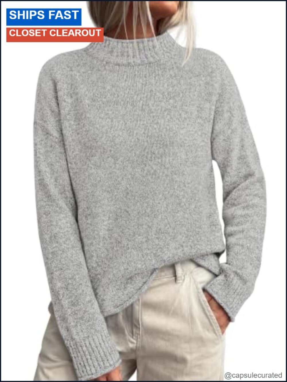 Womens Mock Neck Ribbed Knit Sweater Loose Fit Long Sleeve Pullover